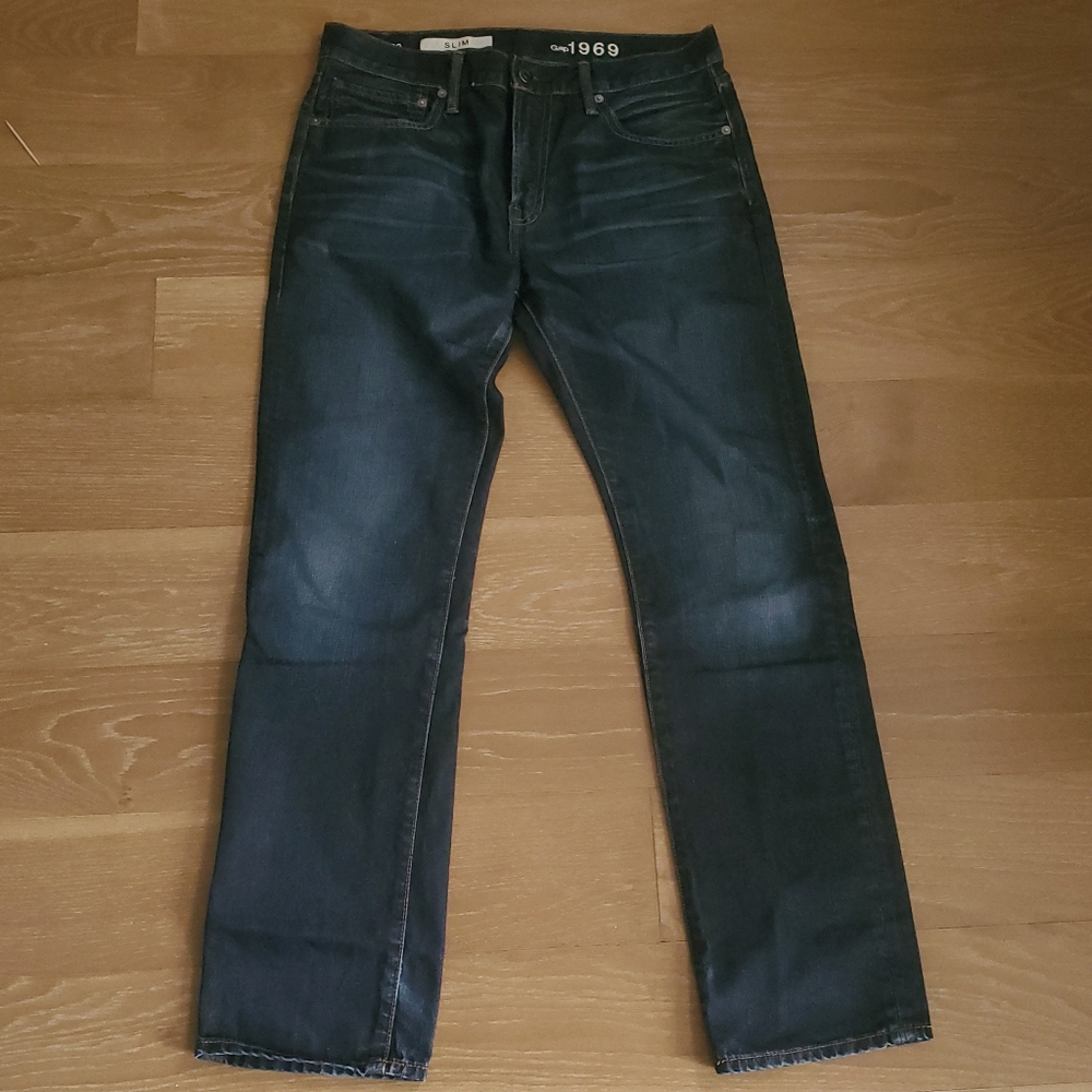 Gap 1969 Selvedge Jeans Mens 31x30 Slim Fit Dark Wash Ringspun Denim Zip
